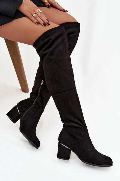 Kozaki Damskie Za Kolano Na Słupku Z Eko Zamszu Czarne Zaretta