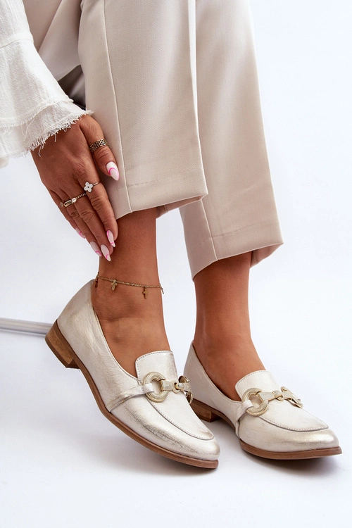 Zazoo 2880 Damskie Mokasyny Skórzane Z Ozdobą Złote