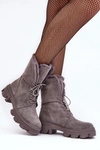Zamszowe Sznurowane Botki Workery Z Futerkiem Szare Frendo 