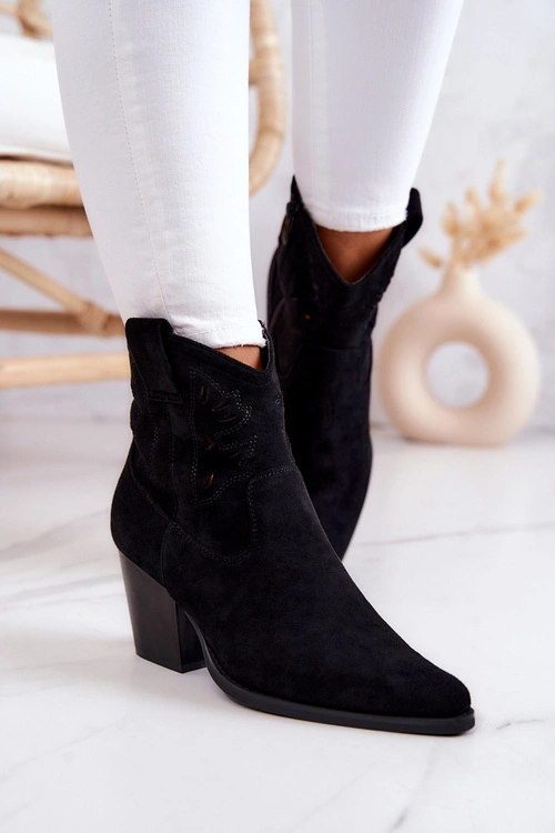 Zamszowe Damskie Botki Kowbojki Czarne Devon