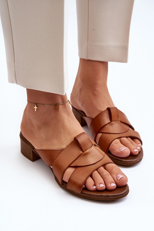 Zazoo 40236 Skórzane Klapki Damskie Na Niskim Obcasie Brązowe