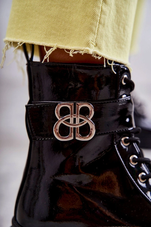 Lakierowane Damskie Ocieplane Botki Z Ozdobą Czarne Hayes