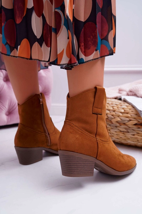 Botki Damskie Płaski Obcas Kowbojki Camel Telifa