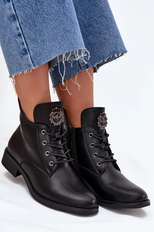 Niskie Botki Damskie Na Płaskim Obcasie Z Ozdobnym Detalem Ocieplane Czarne Cylira