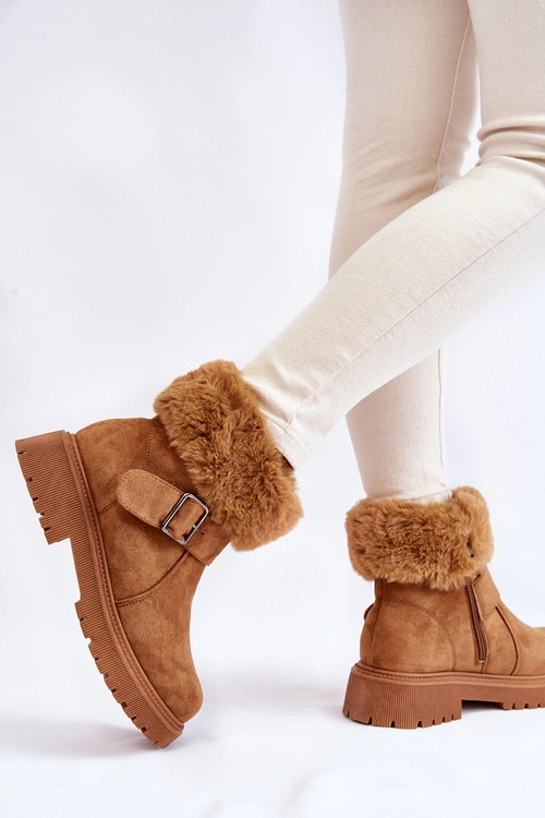 Zamszowe Damskie Botki Z Futerkiem Na Suwak Camel Conquer