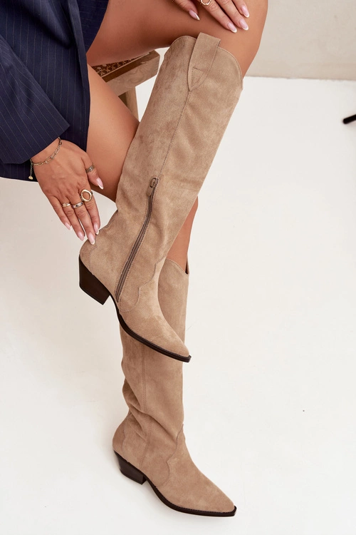 Ocieplane Kozaki Kowbojki Na Obcasie Z Eko Zamszu Beżowe Jovianne