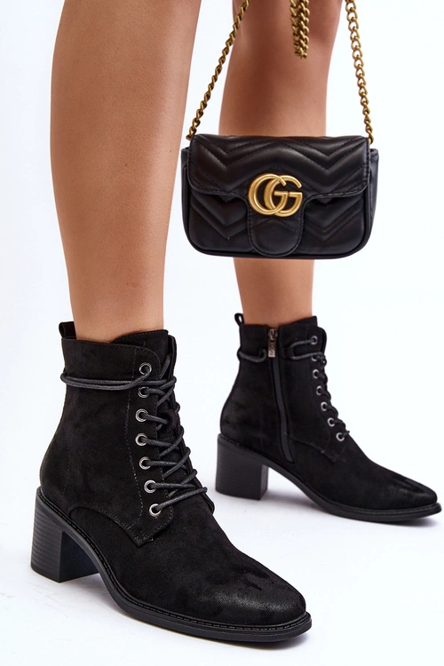 Damskie Botki Na Niskim Obcasie Sznurowane Czarne Serellia