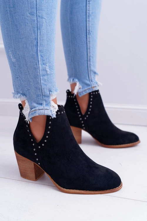 Botki Damskie Na Słupku Wsuwane z Wycięciami Czarne ManiMani