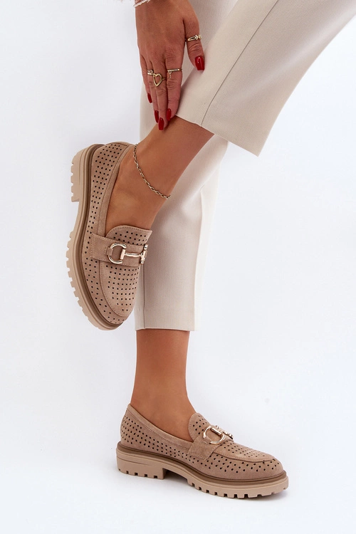 Mokasyny Damskie Ażurowe Z Ozdobą Beżowe Talesse