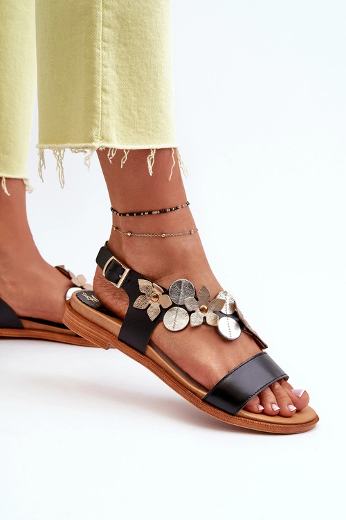 Skórzane Sandały Damskie Ozdobione Kwiatkami Laura Messi 2762 Czarne