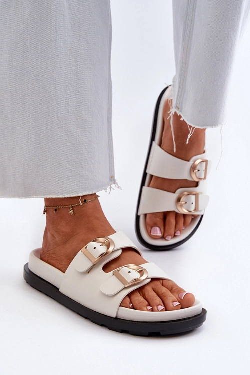 Klapki Damskie Eko Skórzane Z Klamrami Białe Valmira