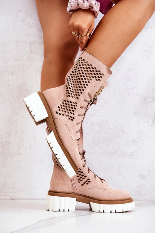 Skórzane Wysokie Botki Workery Nicole Różowe 2706