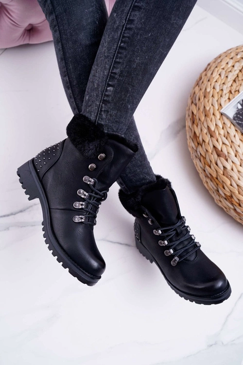 Damskie Botki Trapery Futerko Czarne Ergost