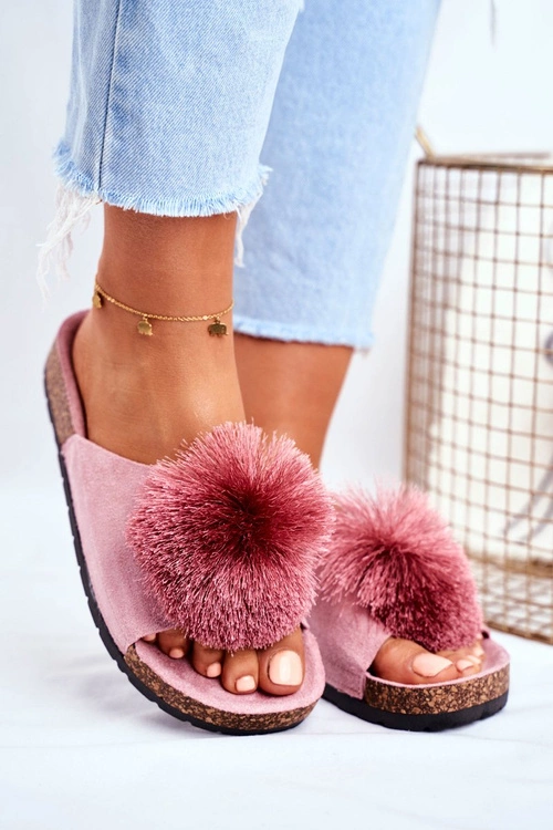 Damskie Klapki Na Korku z Pomponem Różowe Galaxo