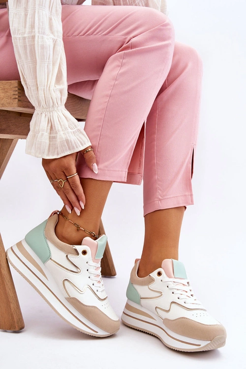 Modne Skórzane Buty Sportowe Biało-Beżowe Roen