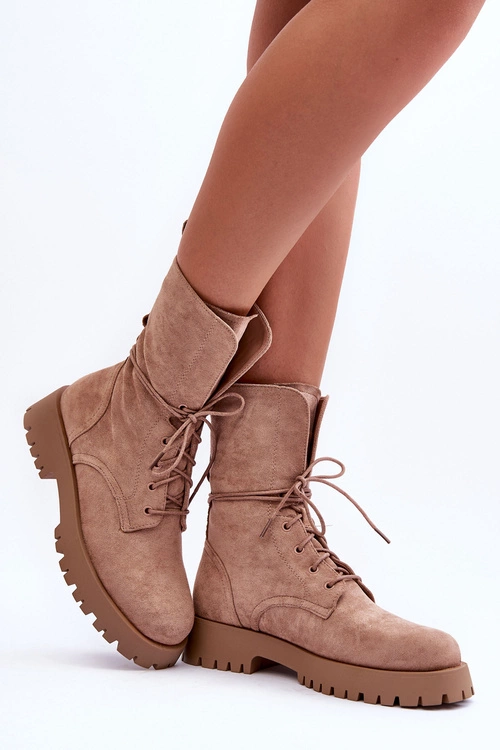 Zamszowe Workery Botki Na Płaskim Obcasie Beżowe Jence