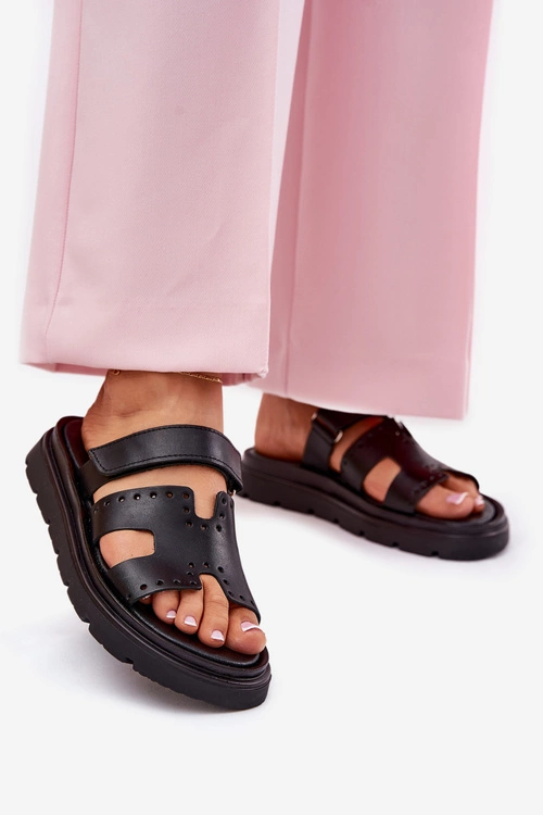 Klapki Damskie Z Naturalnej Skóry Na Platformie Zazoo 40440 Czarne