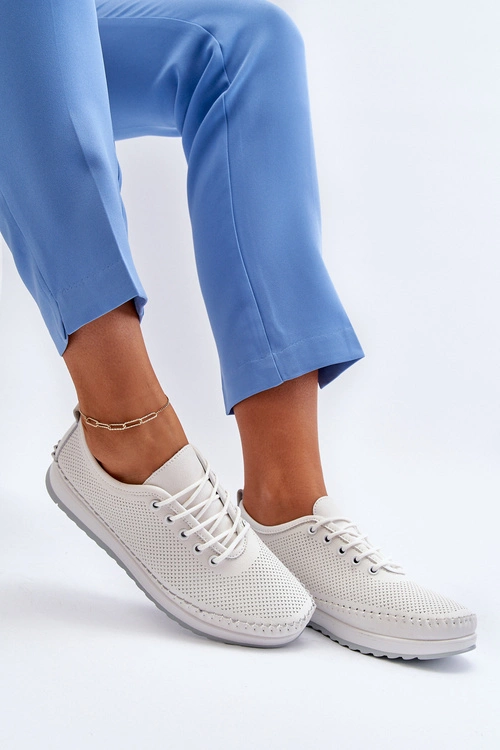 Skórzane Sportowe Buty Trampki Damskie Białe Lalnai