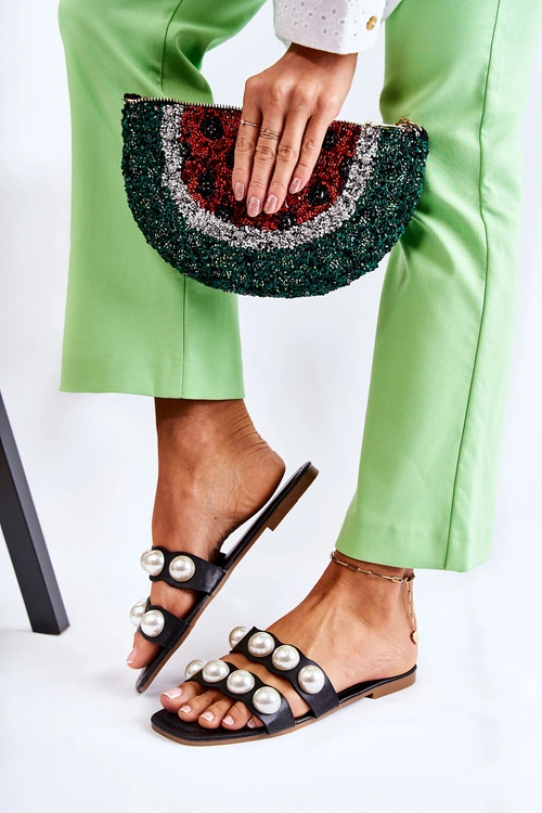 Damskie Skórzane Klapki Z Ozdobnymi Perełkami Czarne Lasello