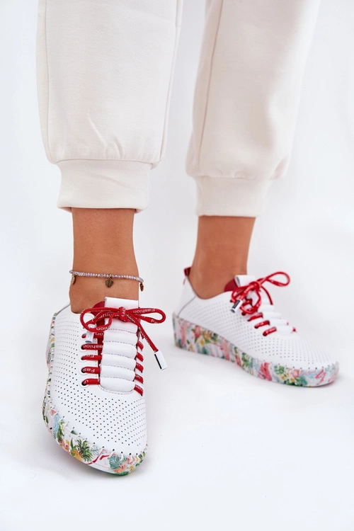 Skórzane Półbuty Na Wzorzystej Platformie Artiker 54C1567 Biało-Czerwone