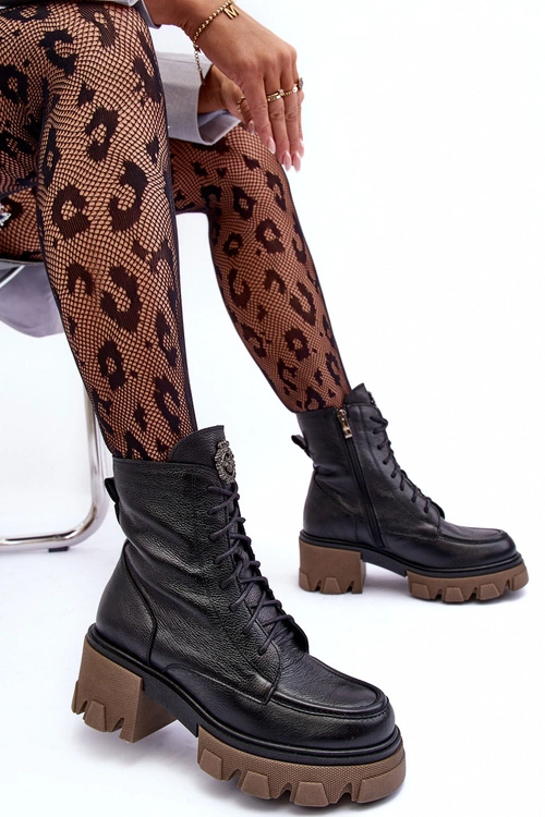 Skórzane Damskie Ocieplane Botki Trapery Czarne Lemar Rehin