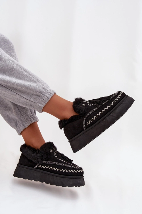 Śniegowce Damskie Na Platformie Z Futerkiem I Frędzlami Czarne Ferayne 