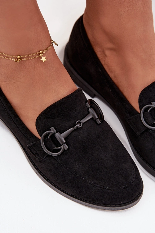 Mokasyny Damskie Z Ozdobnym Detalem Eko Zamszowe Czarne Ambria