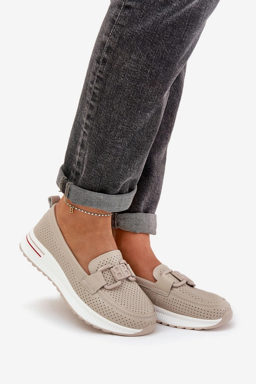 Damskie Skórzane Mokasyny Na Platformie S.Barski LR51-556 Beżowe