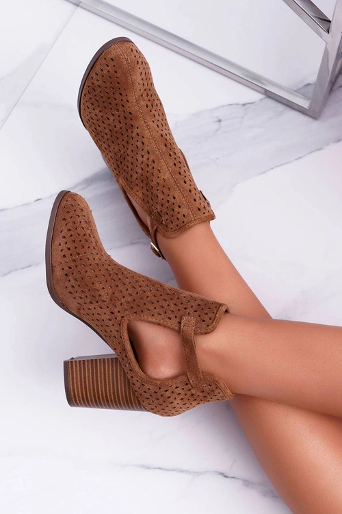 Botki Damskie Na Obcasie Wiosenne Ażurowe Camel GoodDay