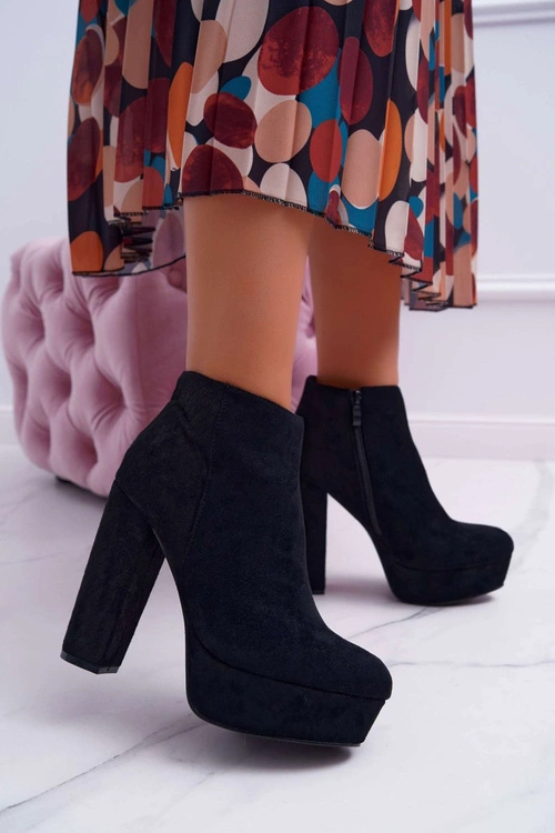 Botki Damskie na Słupku Platformie Zamszowe Czarne Celinne