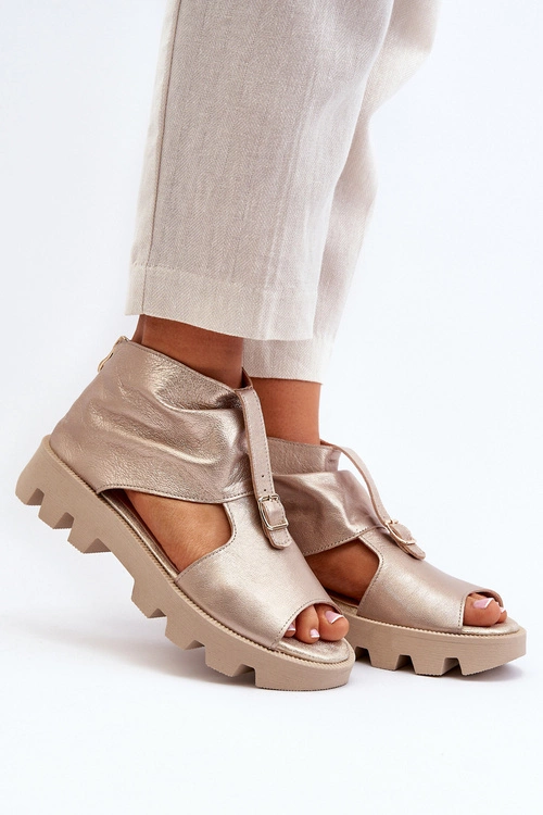 Zazoo 999 Skórzane Sandały Damskie Z Zamkiem Złote