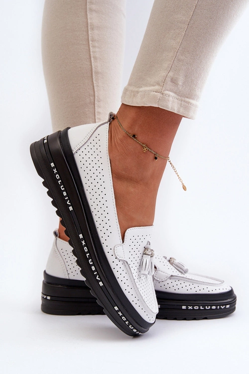 Skórzane Mokasyny Damskie Na Platformie Białe Assetnima