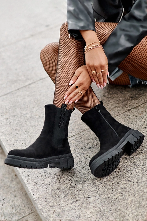 Sztyblety Botki Damskie Zamszowe Czarne Alexetta