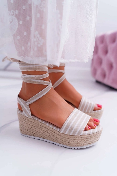 Sandały Damskie Na Koturnie Platformie Lniane Wiązane Beżowe Jolyn