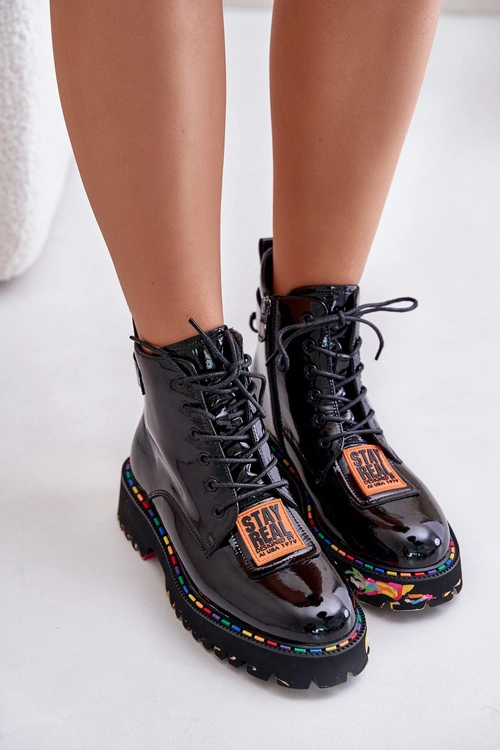 Lakierowane Botki Trapery Damskie Na Zamek Skórzane Artiker 55C0517 Czarne