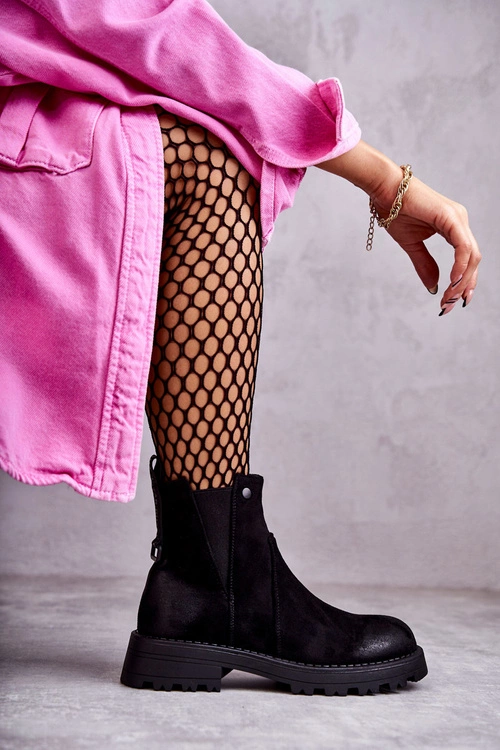 Zamszowe Ocieplane Botki Workery Na Płaskim Obcasie Czarne Salome