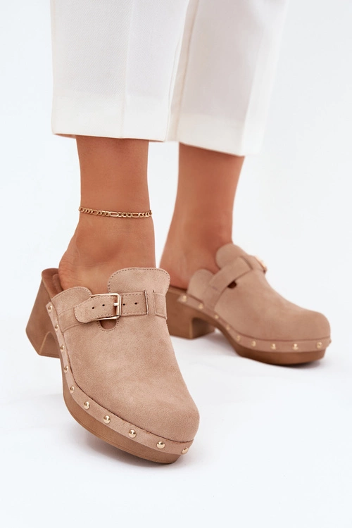 Klapki Chodaki Damskie Na Obcasie Z Klamrą Beżowe Veldexina