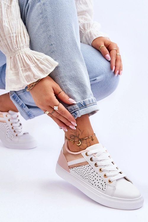 Klasyczne Sportowe Buty Z Ażurowym Wzorem Biało-Różowo-Złote Happier