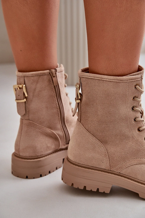 Botki Workery Damskie Ocieplane Na Zamek Eko Zamszowe Beżowe Mardia