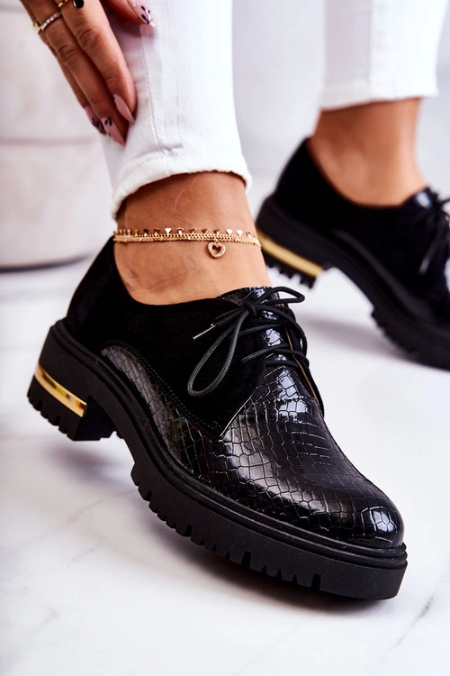 Damskie Skórzane Półbuty Wiązane Czarne Merevin