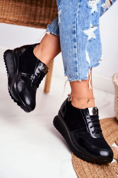 Obuwie Sportowe Damskie Skórzane Czarne Gianna