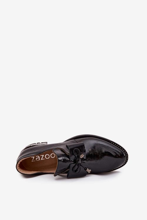 Lakierowane Półbuty Damskie Na Niskim Obcasie Z Kokardą Zazoo 1399 Czarne