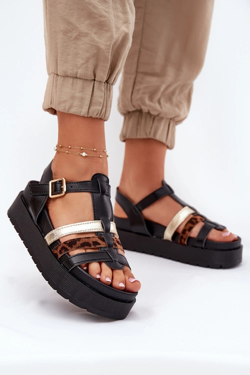 Sandały Damskie Z Paskami Na Platformie Czarne Gallari