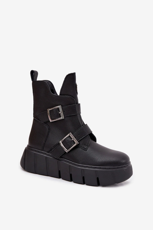 Skórzane Ocieplane Botki Damskie Na Platformie Z Klamrami Vinceza 66842 Czarne