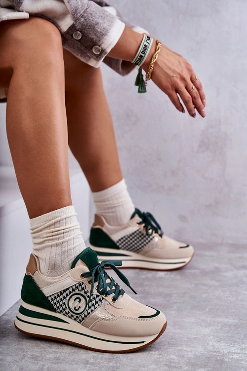 Modne Buty Sportowe Damskie Na Koturnie Beżowo-Zielone Aronne