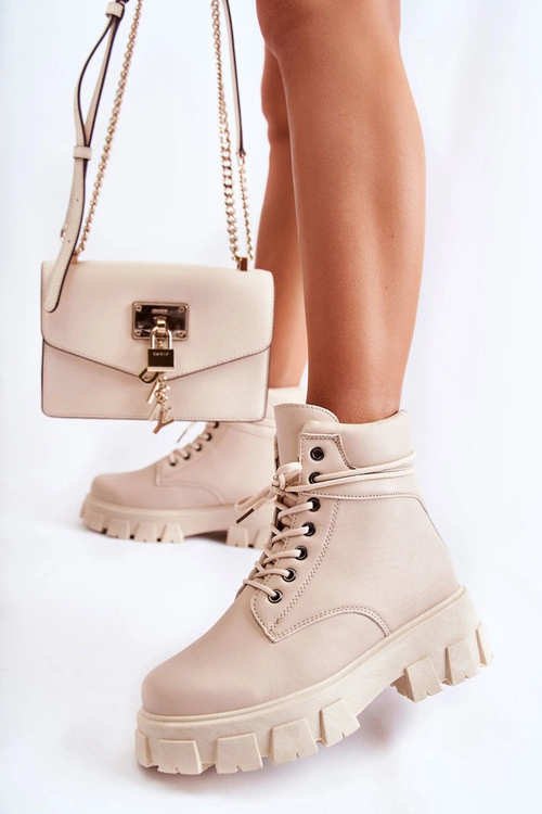 Damskie Botki Trapery Ocieplane Jasnobeżowe Flavin