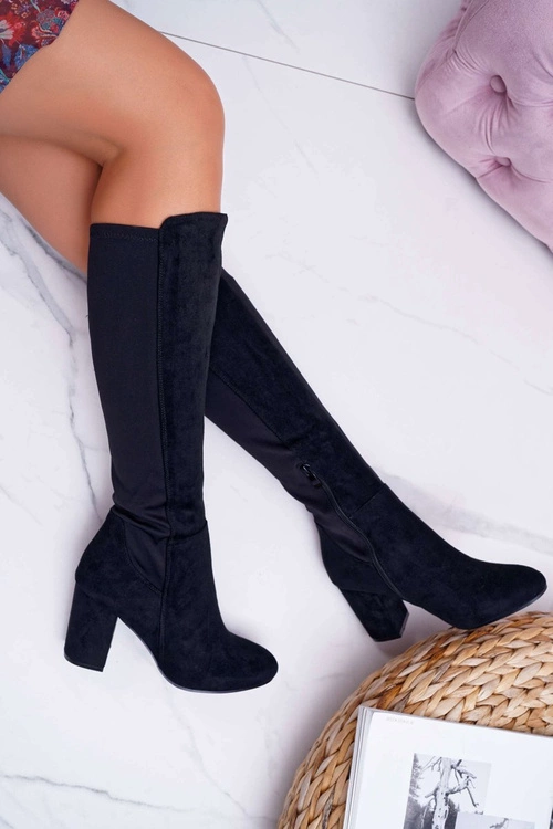 Kozaki Damskie Na Słupku Zamszowe z Lycrą Czarne Machine