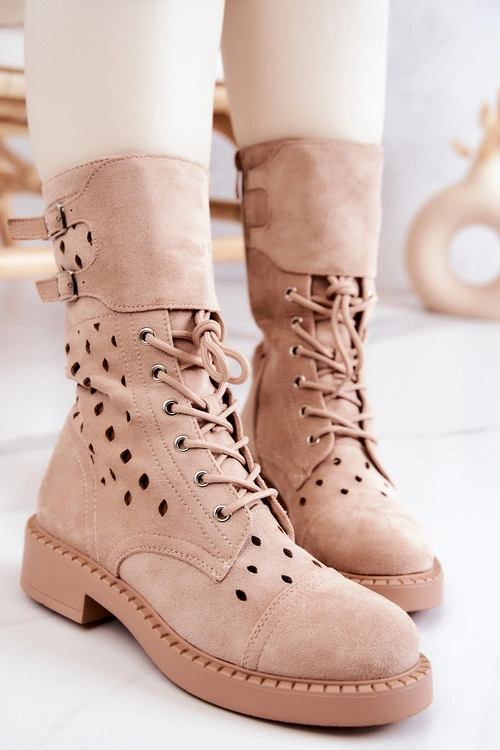Zamszowe Botki Ażurowe Na Suwak Jasnobeżowe Hermione