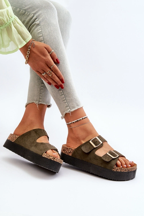 Damskie Klapki Na Platformie Z Klamrami Zielone Lolpey