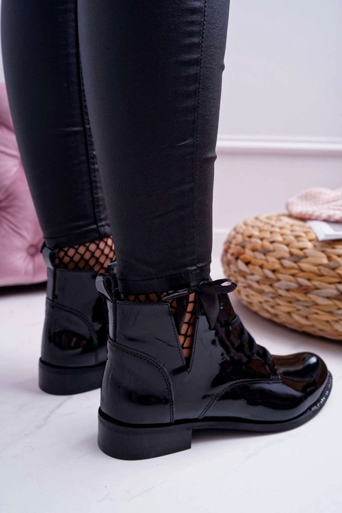 Botki Damskie Płaski Obcas Lakierowane Czarne Nicole 2420